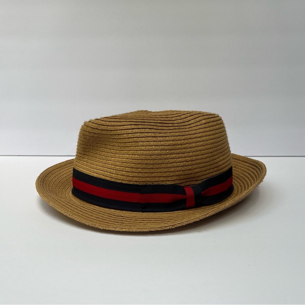 Aritzia / Talula Straw Hat, Tan with Navy / Red Grosgrain Band